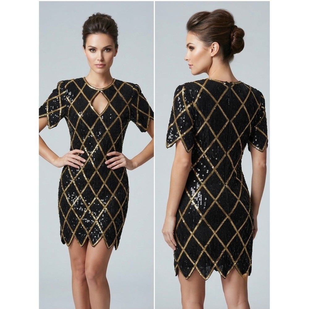 Scala Vintage Silk Sequin‎ Dress Black Gold Diamond Harlequin Keyhole Mini Sz PP